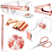 Office Supplies Set Desk Accessory Kit, Acrylic Stapler Set Staple Remover, Tape Dispenser, Binder Clips, Paper Clips, Ballpoint Pen and Scissor with 1000 Pieces 26/6 Staples Rose Gold