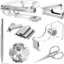Office Supplies Set Desk Accessory Kit, Acrylic Stapler Set Staple Remover, Tape Dispenser, Binder Clips, Paper Clips, Ballpoint Pen and Scissor with 1000 Pieces 26/6 Staples Silver