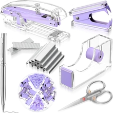 Office Supplies Set Desk Accessory Kit, Acrylic Stapler Set Staple Remover, Tape Dispenser, Binder Clips, Paper Clips, Ballpoint Pen and Scissor with 1000 Pieces 26/6 Staples Purple