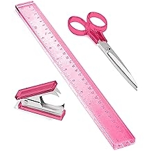 OfficeGoods 3 Piece Acrylic Desk Set - Includes Ruler, Staple Remover, Scissors - Functional & Elegant Desk Accessories - Stationery Tools for Home, Office, and School - Pink with Silver Metal