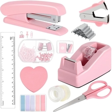 Pink Office Supplies Set Desk Accessories Kit Include Stapler,1000pcs Staples,Stapler Remover,Clips,Tape,Tape Holder,Scissor,Ruler and Tabs