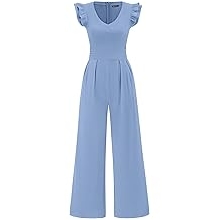 One Piece Jumpsuits For Women Dressy Ruffle Cap Sleeve V Neck Ribbed Knit Wide Leg Romper Casual Spring Outfits