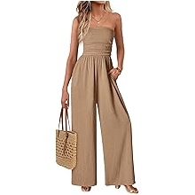 One Piece Jumpsuits for Women Strapless Smocked Casual Rompers Long Pants with Pockets Vacation Summer Outfits