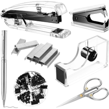 Outus Office Supplies Set Desk Accessory Kit, Acrylic Stapler Set Staple Remover, Tape Dispenser, Binder Clips, Paper Clips, Ballpoint Pen and Scissor with 1000 Pieces 26/6 Staples Black