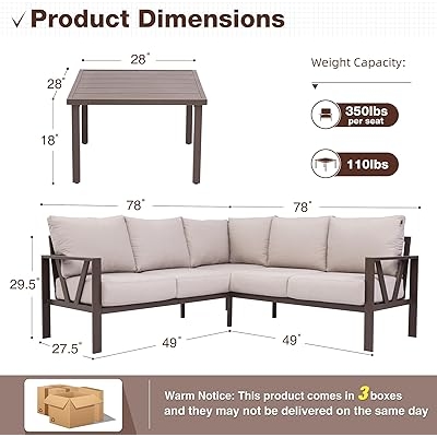 Patio Furniture Set, 6 Pieces Outdoor Couch Sectional, L Shaped Patio Sofa, Metal Patio Couch Sectional with Side Table, Outdoor Seating Conversation Set, Beige