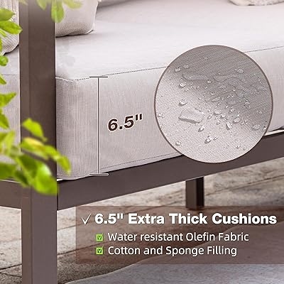 Patio Furniture Set, 6 Pieces Outdoor Couch Sectional, L Shaped Patio Sofa, Metal Patio Couch Sectional with Side Table, Outdoor Seating Conversation Set, Beige