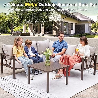 Patio Furniture Set, 6 Pieces Outdoor Couch Sectional, L Shaped Patio Sofa, Metal Patio Couch Sectional with Side Table, Outdoor Seating Conversation Set, Beige