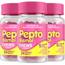 Pepto Bismol Chews, Fast and Effective Digestive Relief from Nausea, Heartburn, Indigestion, Upset Stomach, Diarrhea, 24 Chewable Tablets x 3, 72 Total