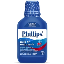 Phillips&rsquo; Milk of Magnesia Liquid Laxative, Wild Cherry Flavor, Stimulant Free, Cramp Free Relief of Occasional Constipation, Effective in 30 minutes - 6 hours, #1 Milk of Magnesia Brand, 26 oz