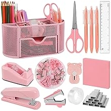Pink Office Supplies for Desk,14pcs Desk Sets and Accessories, Office Supply Kit with Mesh Desktop Organizer and Stapler,Staple Remover, Staples,Tape Dispenser,Sticky Tabs,Scissors, Ruler
