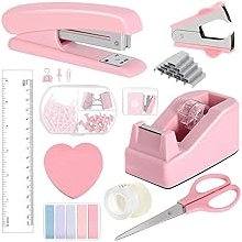 Pink Office Supplies Set Desk Accessories Kit Include Stapler,1000pcs Staples,Stapler Remover,Clips,Tape,Tape Holder,Scissor,Ruler and Tabs