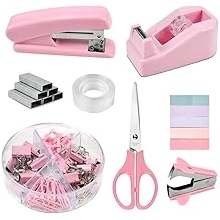 Pink Office Supplies Stapler and Tape Dispenser Set with Stapler,Tape Dispenser,Staple Remover,Staples,Clips,Scissor and Sticky Notes Pink Desk Accessories for Student School Home Home Desk