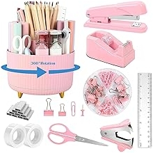 Pink Stationery Set,12 in 1 Office School Supplies Stapler & Staples Set, Rotating Pencil Holder for Desk, Staple Remover, Tape Dispenser, Tape Refills, Binder Paper Clips Kit, Scissor