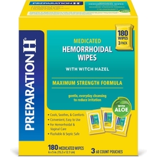 Preparation H Medicated Hemorrhoidal Wipes 180 ct, Maximum Strength Relief with Witch Hazel and Aloe, for Cleansing, Burning, Itch and Irritation Relief, 3 Packs of 60