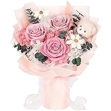 Preserved Flowers Bouquet with Bear, 3 Real Forever Flowers for Delivery, Long-Lasting Pink Eteranl Roses Bouquet, Anniversary Birthday Valentine Gifts for Women Mom Grandma Her Wife Girlfriend