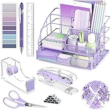 Purple Desk Organizers and Accessories, Purple Office Supplies with Mesh Desk Organizer, Acrylic Tape Dispenser and Stapler, Staples, Ballpoint Pen, Clips Set, Ruler, Scissor, Sticky Labels