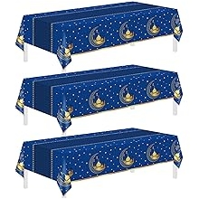 Childom 3 Pack Ramadan Table Cloth,Ramadan Decorations for Home,54" x 108" Eid Mubarak Decorations,Eid Ramadan Tablecloths Rectangular,Blue Plastic Table Cloth Disposable Table Cover for Party Favors