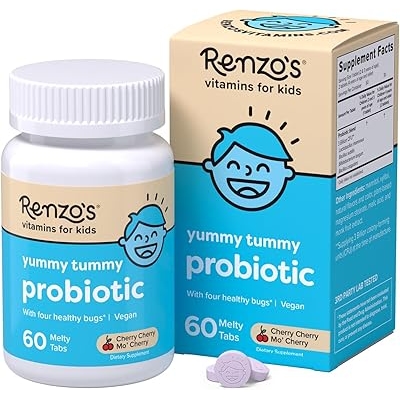 Renzos Kids Probiotic, Dissolvable Probiotics for Digestive Health & Immune Support, 60 Cherry-Flavored Melty Tabs