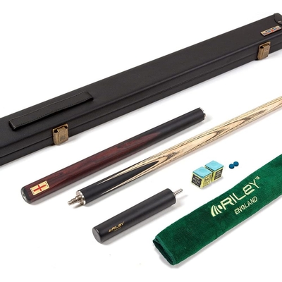 Riley England 3 Piece Snooker Cue &amp; Hard Case 34 Cut – Hand Spliced Ebony Butt - 145cm - North American Ash Shaft with 9.5mm Tip - Includes 15cm Extension &amp; Accessory Pack
