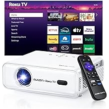 Aurzen Roku TV Smart Projector with Wifi and Bluetooth, Roku Streaming Experience Built-in, 1080P FHD, Dolby Audio, Auto Focus &amp; Keystone, Zoom, Movie Portable Outdoor Mini Projector, White