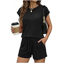Rompers for Women Summer Casual Cap Sleeve Crewneck Short Pants Jumpsuit Beach Vacation Outfit with Pockets S-XXL