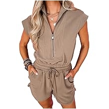 Rompers for Womens Summer Short Sleeve Half Zip Lapel Collar Drawstring One Piece Jumpsuit with Pockets