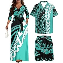 Samoa Couple Outfit Polynesian Dress for Women Traditional Puletasi Shirts for Men Tribal Shorts Trunks