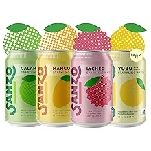 Sanzo Flavored Sparkling Water Variety Pack - 12-Pack - Calamansi Lime, Lychee Berry & Mango Alphonso - Carbonated Drink Made with Real Fruit & Sugar-Free - Gluten-Free & Vegan - 12 Fl Oz Cans