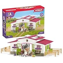 مجموعة ألعاب Schleich Horse Barn and Stable - مجموعة مكونة من 44 قطعة لمركز ركوب الخيل حائزة على جوائز، ولعبتين للمهر، وتمثال راكب، وإكسسوارات المزرعة، للفتيات والفتيان بعمر 5 سنوات فما فوق