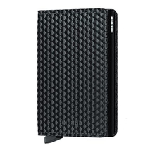 กระเป ⁇ าสตางค์ Slim Men 3D หนังแท้สีดํา RFID เคสการ์ดปลอดภัยสําหรับการ์ดสูงสุด 12 ใบ