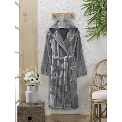 Pamuklu Kadife Kapüşonlu Unisex Mürdüm Bornoz S-M Antrasit