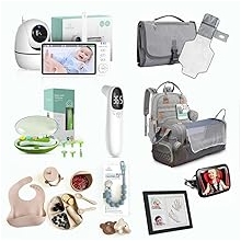 Set Hadiah - 10 Keping | Kit Keperluan Baru Lahir | Monitor Bayi dengan Kamera, Pad Penukar Lampin, Termometer, Penggunting Kuku, Beg Daiper, Cermin untuk Kereta, Set Suapan Silikon, Pacifier, Kit Tangan & Jejak