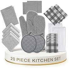 Set Tuala Dapur dan Kain Pinggan LINEN LANE - Keperluan Dapur 20 Pc untuk Rumah Baharu, Sarung Tangan Ketuhar Tahan Haba & Pemegang Periuk, Tuala Pinggan Karung Tepung Penyerap- Kelabu