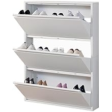Shoe Storage Cabinet with 3 Flip Drawers, Hidden Slim Narrow Shoe Rack Cabinet, Wall Mount Metal Shoe Cabinet for Entryway, White