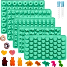 Silicone Gummy Molds Set of 5, Candy Molds Silicone with 2 Droppers for Convenient Filling, Gummy Molds Set Includes Dinosaur, Bear, Donut, Heart and Fruit