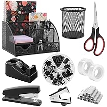 SKYDUE Black Office Supplies, Mesh Desk Organizer, Stapler, Tape Dispenser, Scissors, Binder/Paper Clips and 1000pcs Staples, Desk Supplies Set