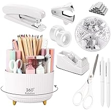 SKYDUE White Office Supplies Set, Office Desk Accessories 10PCS, Pencil Holder for Desk, Stapler, Tape Dispenser, Scissors, Ruler, Binder/Paper Clips and 1000pcs Staples,Desk Supplies Set