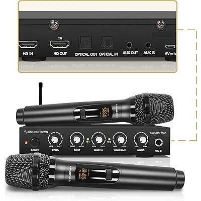 Sound Town Wireless Microphone Karaoke Mixer System with HD Audio Return Channel, Optical Toslink, AUX, Supports Smart TV, Media Box, PC, Bluetooth, Soundbar, Receiver SWM16-MAX