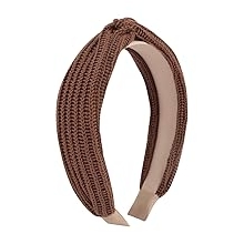 Statement Fashion Headband - Hair Accessories Bow Criss Cross Tie, Turban Fabric Wrap Bohemian Top Knot, Faux Pearl, Rattan Straw, Plaid, Gingham Knit Knotted Headband - Brown