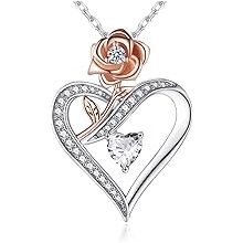Heart Necklace for Women, Sterling Silver Cubic Zirconia Necklace with Rose, Love Jewelry Gift for Wife, Girlfriend, Mom on Christmas, Valentine's Day, Birthday, Anniversary