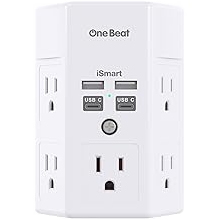 One Beat 1680J 3 Side Power Strip Multi Plug Expander, Surge Protector, 5 Outlets Extender, 4 USB Ports (USB C), Wall Mount Charger, Outlet Splitter Adapter for Home, Travel, Office, ETL Listed, White