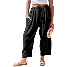 Womens Linen Wide Leg Pants Casual Loose Drawstring Summer Beach Travel Vacation Palazzo Harem Pants with Pockets