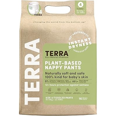 Terra Training Pants Size 4: 85% Plant Based Pull-Up Style Diapers, Ultra-Soft & Chemical-Free for Sensitive Skin, Superior Absorbency, Perfect Overnight Diapers, for Toddlers 22-30 Pounds, 16 Count