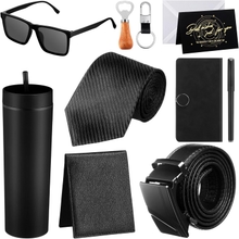Tioncy 12 Pcs Men Birthdays Gift Set with Box Tumbler PU Leather Wallet Tie Belt Keychain Sunglasses Pen Journal Gift(Black)