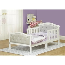 Toddler Bed with Soft Tufted Headboard, Kids Wood Bed Frame with Half Side Rails