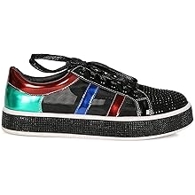 Trendy Fashion Women Mesh Color Panel with Rhinestone Round Toe Lace-Up Flatform Fashion Sneaker