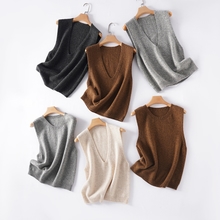 Trendy Layered Look, Solid Color Deep V-Neck 100% Wool Seamless Knit Vest, Loose Pullover Sleeveless Cardigan for Women