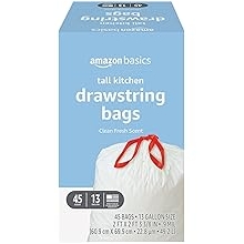 Amazon Basics Tall Kitchen Drawstring Trash Bags, Clean Fresh Scent, 13 Gallon, 45 Count (Previously Solimo)