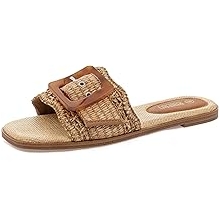 Women's Raffia Flat Sandals Square Open Toe Summer Beach Slip On Woven Buckle Slide Sandals