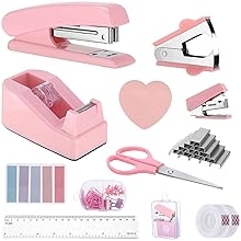 Pink Office Supplies Set, Pink Stapler and Tape Dispenser Set with Staple Remover, Staples, Scissor, Clips, Tape, Tabs, ruler, Desk Accessories for Students, Home, office